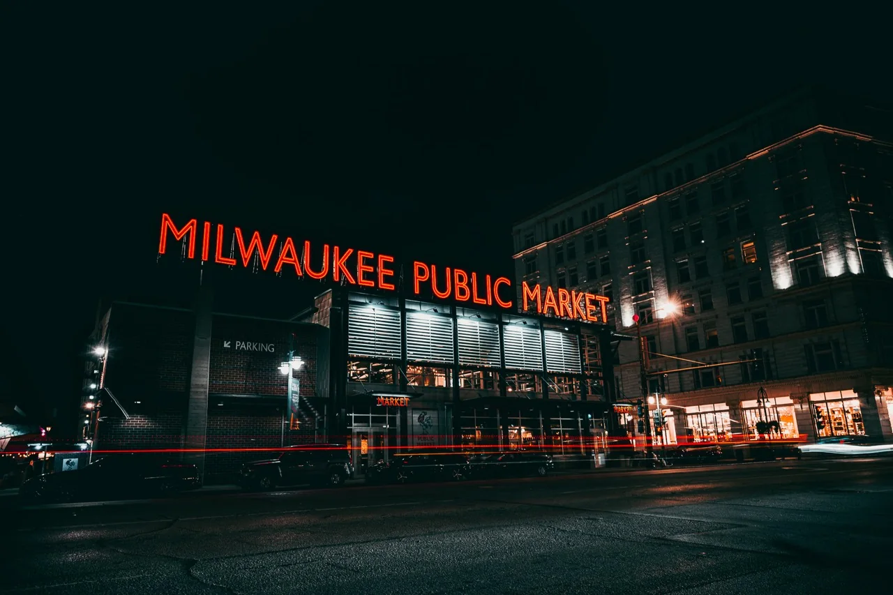 Milwaukee Public Market at night with light trails